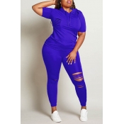 Lovely Plus Size Casual Hollow-out Royal Blue Two-