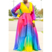 Lovely Casual V Neck Patchwork Purple Floor Length