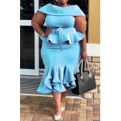 Lovely Casual Flounce Design Blue Mid Calf Trumpet