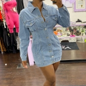 Lovely Trendy Buttons Design Blue Mini Dress