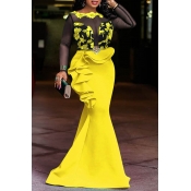 Lovely Party Patchwork Flounce Yellow Floor Length
