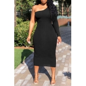 Lovely Trendy One Shoulder Black Mid Calf Dress