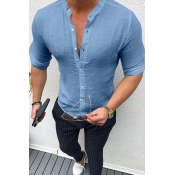 Lovely Casual Basic Buttons Design Blue Shirt