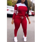 Lovely Leisure Patchwork Wine Red Two-piece Pants 