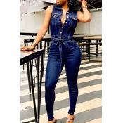 Lovely Trendy Buttons Blue One-piece Jumpsuit