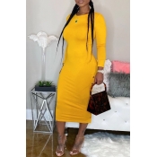 Lovely Casual O Neck Skinny Yellow Mid Calf Dress