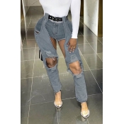 Lovely Trendy Hollow-out Baby Blue Jeans