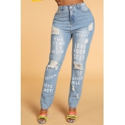 Lovely Casual Letter Baby Blue Jeans
