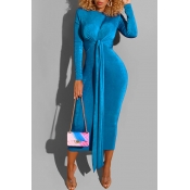 Lovely Trendy O Neck Knot Design Blue Mid Calf Dre