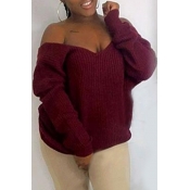 Lovely Casual V Neck Wine Red Sweater