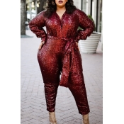 Lovely Casual V Neck Lace-up Wine Red Plus Size On