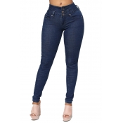 Lovely Casual Buttons Deep Blue Jeans