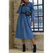 Lovely Sweet Turndown Collar Flounce Blue Mid Calf