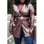 Lovely Casual Striped Rose Red Plus Size Coat