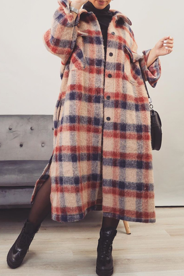 

Lovely Stylish Plaid Loose Red Coat