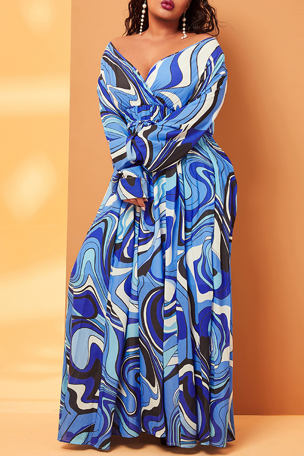 

Lovely Casual V Neck Print Blue Plus Size Trailing Dress
