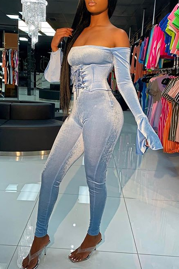 

Lovely Stylish Bandage Baby Blue One-piece Jumpsuit
