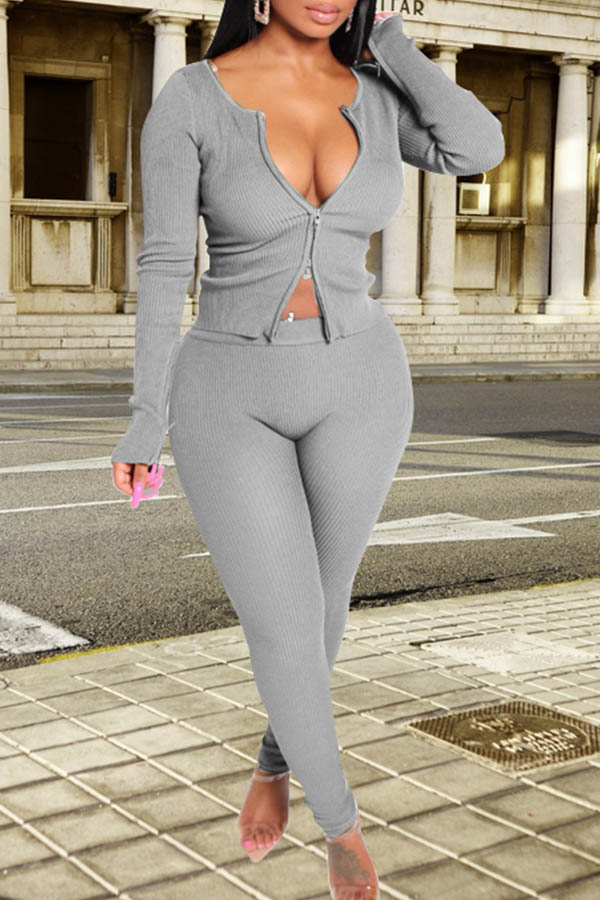 

Lovely Casual Zipper Design Grey Two-piece Pants Set