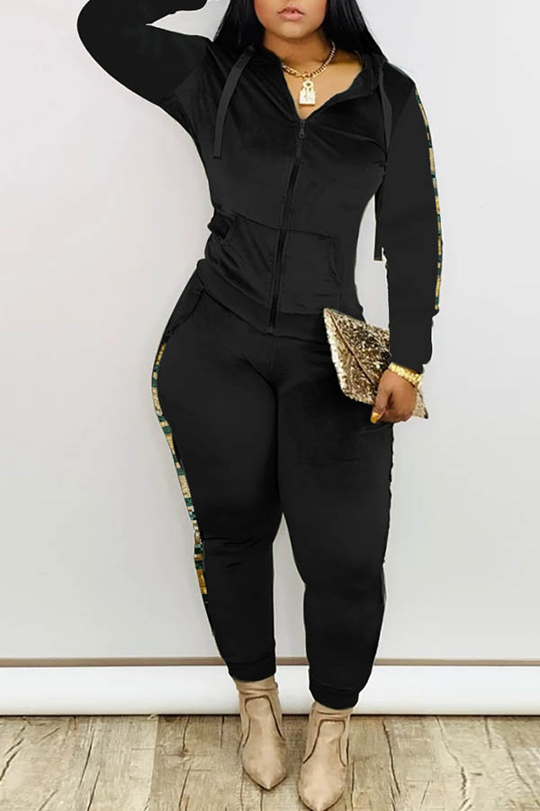

Lovely Casual Hooded Collar Patchwork BlackTwo-piece Pants Set, Black