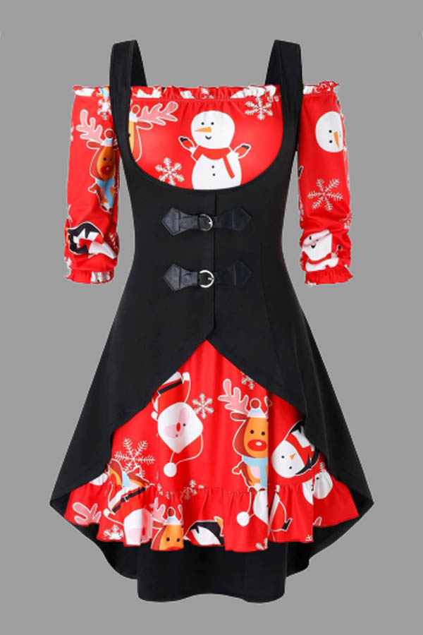 

Lovely Christmas Day Print Red Plus Size Two-piece Skirt Set