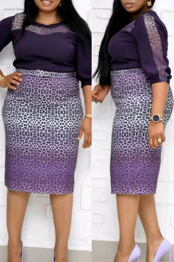 

Lovely Casual Patchwork Purple Knee Length Plus Size Dress