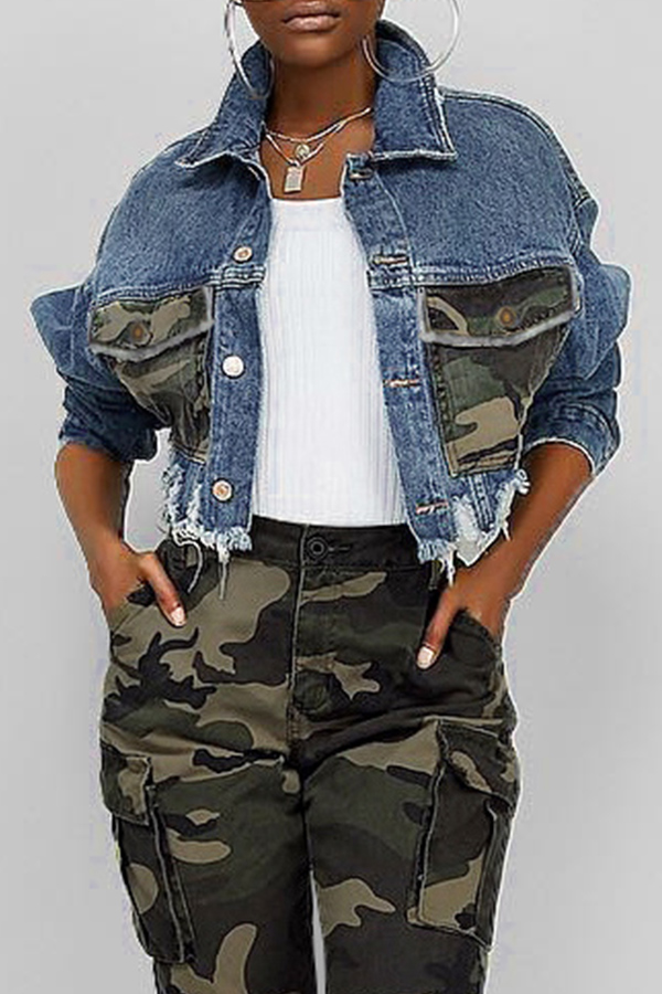 

Lovely Casual Camouflage Printed Patchwork Blue Coat
