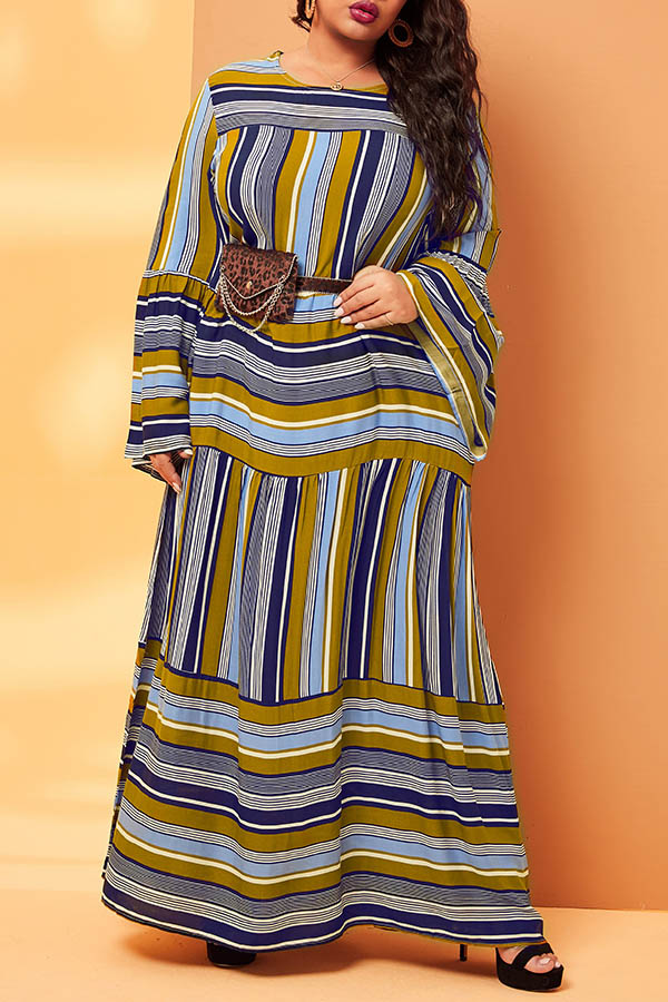 

Lovely Trendy O Neck Striped Multicolor Ankle Length Plus Size Dress, Multicolor mstn