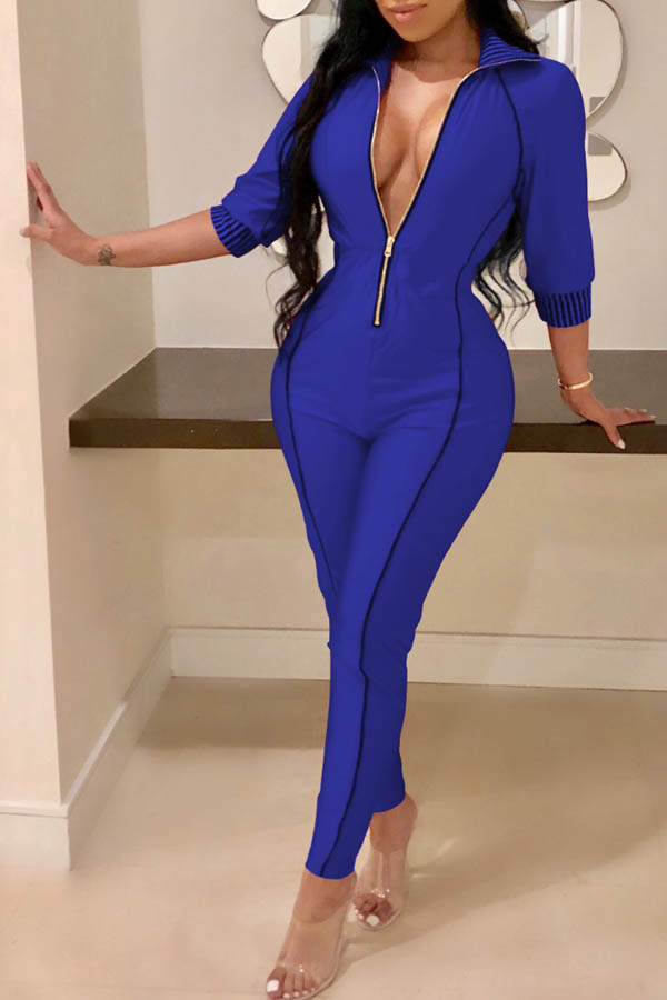 

Lovely Casual Zipper Design Blue One-piece Jumpsuit