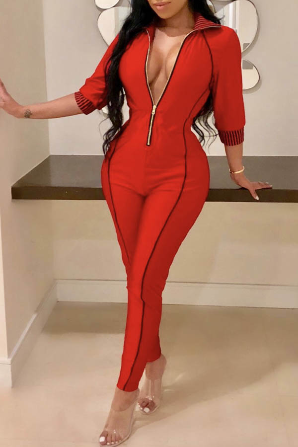 

Lovely Casual Zipper Design Red One-piece Jumpsuit