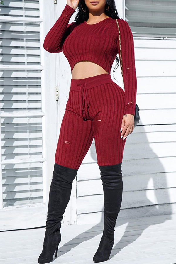 

Lovely Casual O Neck Crop Top Wine Red Two-piece Pants Set