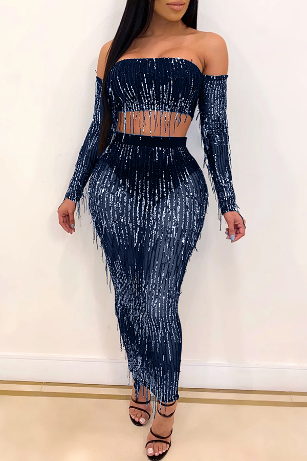 

Lovely Party Tassel Design Dark Blue Two-piece Skirt Set
