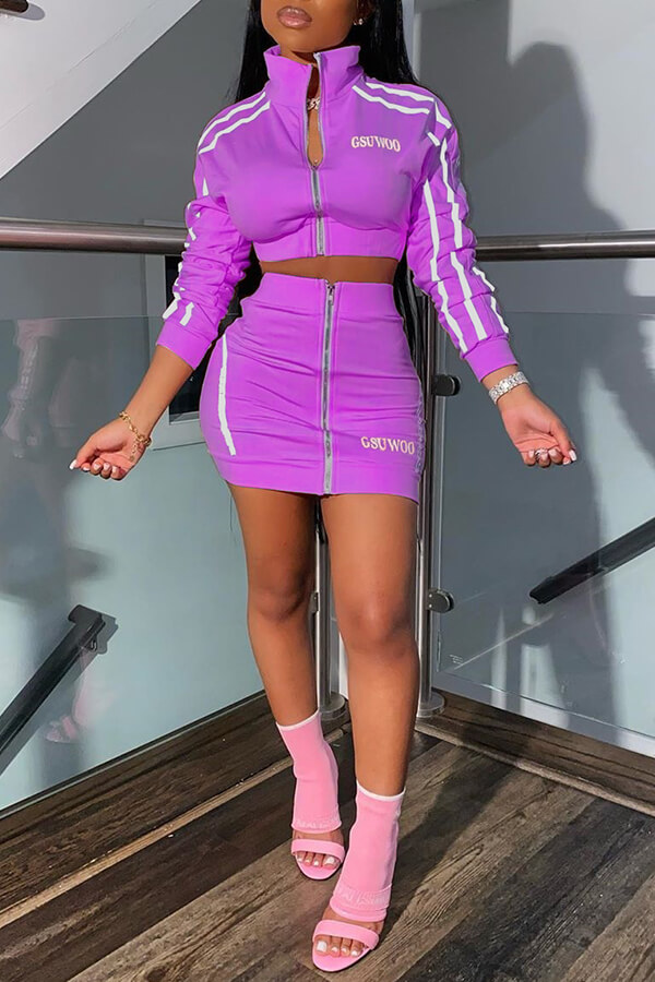 

Lovely Casual Letter Zipper Design Purple Two-piece Skirt Set