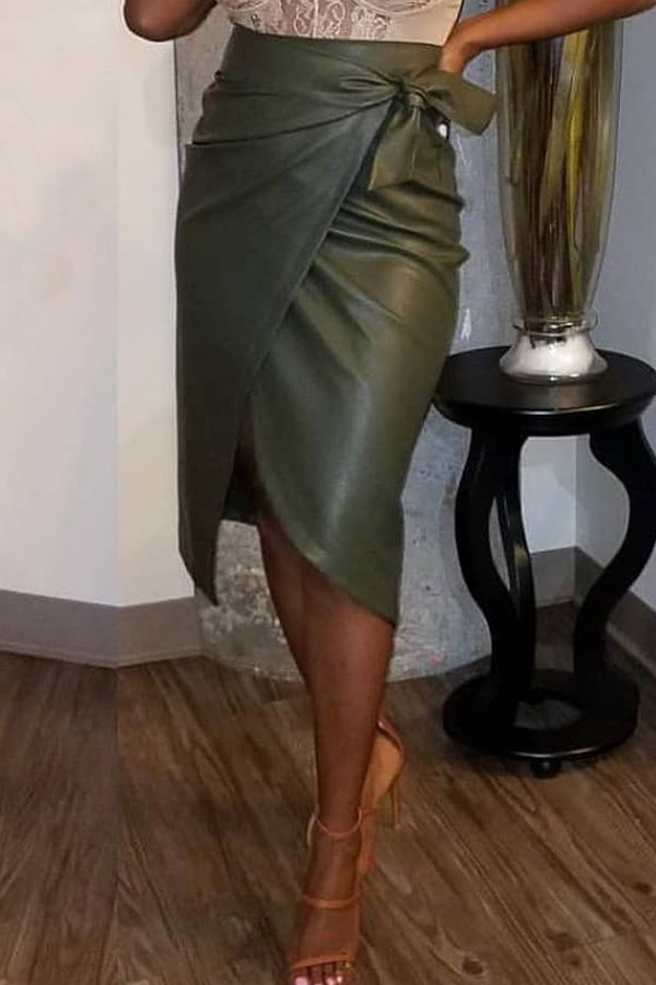 

Lovely Casual Asymmetrical Blackish Green PU Knee Length Skirt, Black green