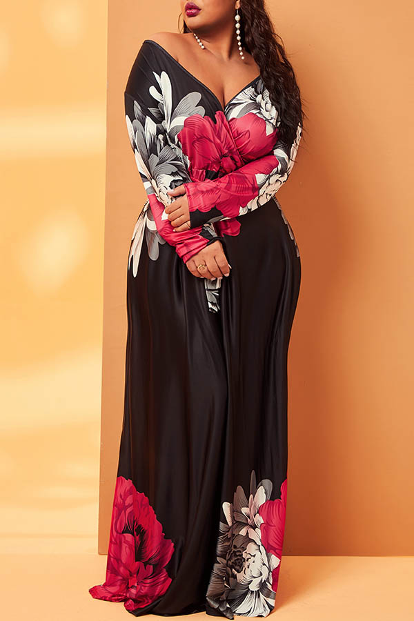 

Lovely Casual V Neck Floral Print Black Plus Size Maxi Dress