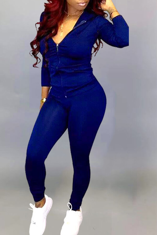 

LW Casual Hooded Collar Blue Two-piece Pants Set