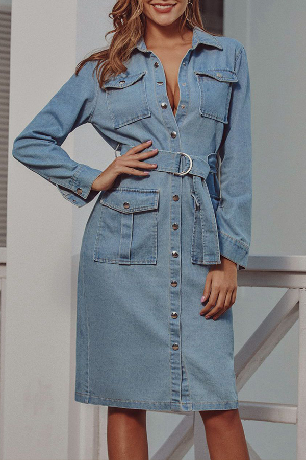 

Lovely Casual Turndown Collar Buttons Design Blue Knee Length Dress