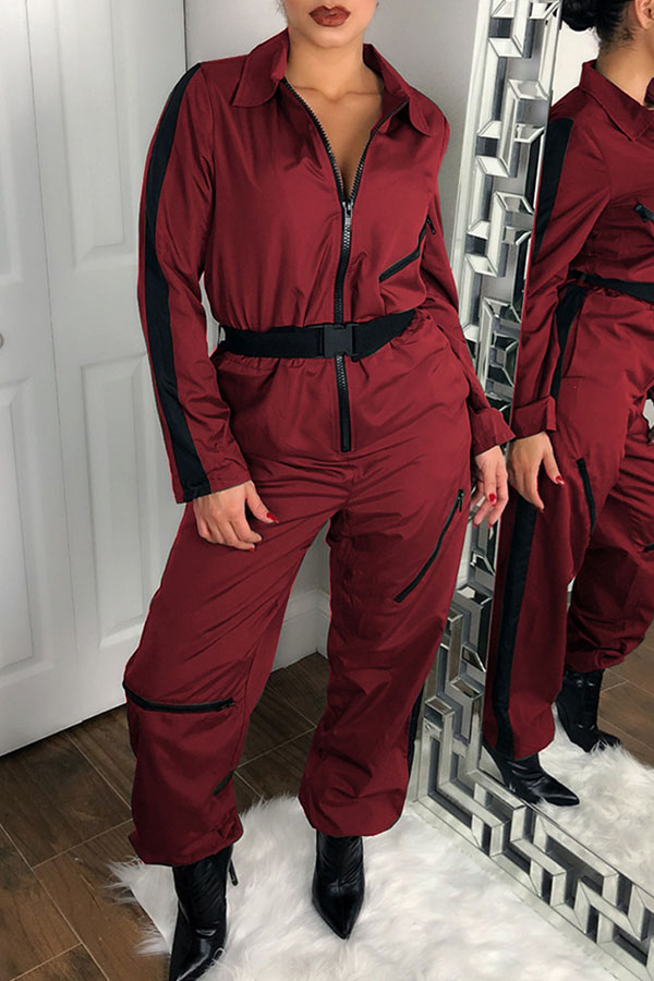 

Lovely Casual Zipper Design Wine Red One-piece Jumpsuit