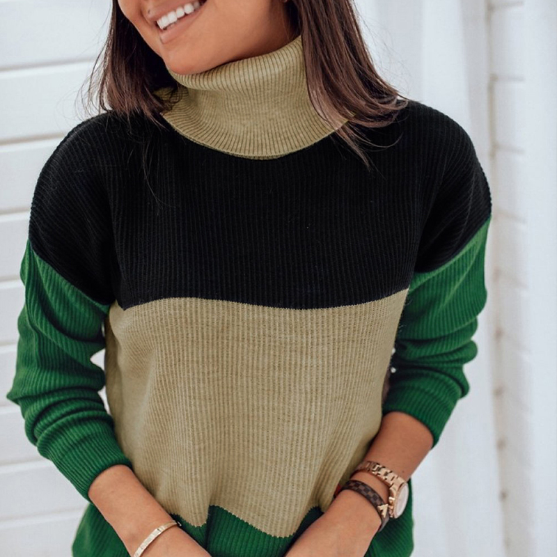 

Lovely Casual Turtleneck Patchwork Green Sweater