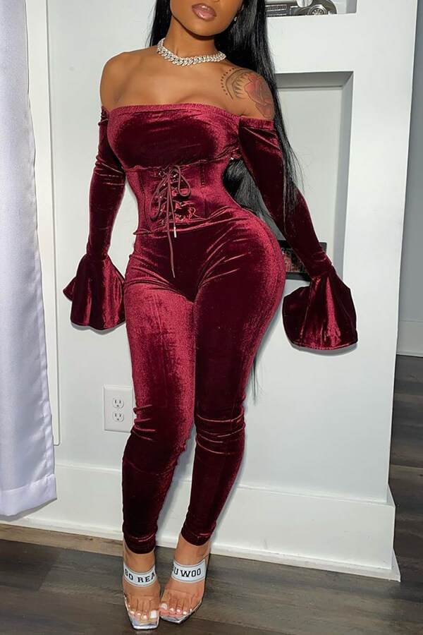 

LW SXY Velvet Off The Shoulder Corset Design Flared Pants Set, Wine red