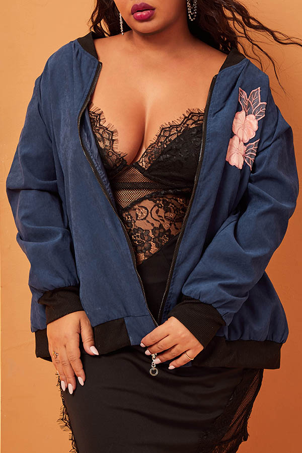 

Lovely Casual Zipper Design Blue Plus Size Coat