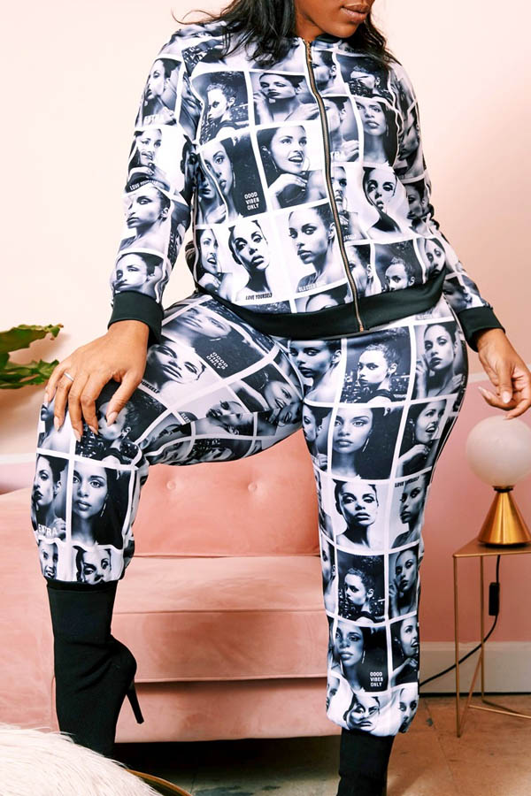 

Lovely Casual Print White Plus Size Two-piece Pants Set