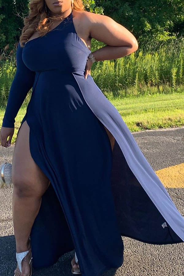 

Lovely Casual One Shoulder Black Ankle Length Plus Size Dress
