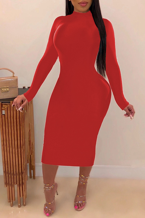 

Lovely Trendy Mandarin Collar Backless Red Mid Calf Dress