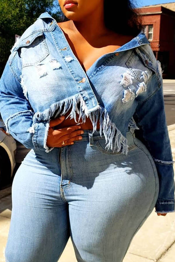 

Lovely Casual Tassel Design Blue Plus Size Coat