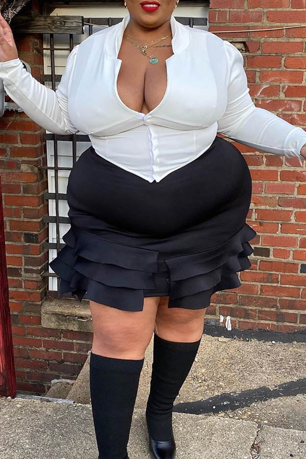 

Lovely Casual Patchwork Flounce White Plus Size Two-piece Skirt Set