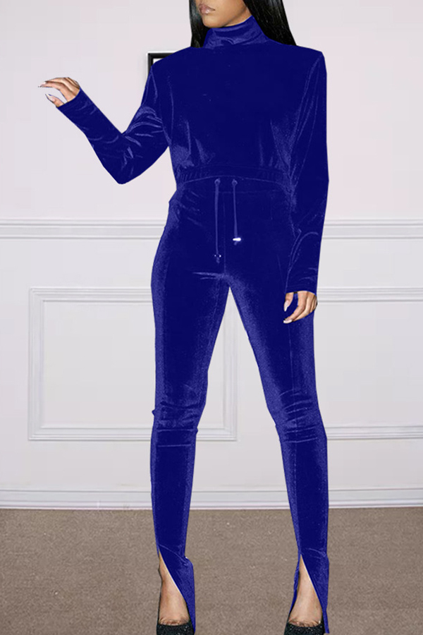 

Lovely Casual Turtleneck Basic Blue Two-piece Pants Set