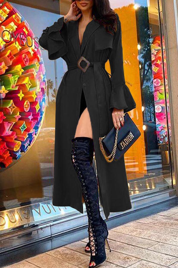 Lovely Casual Lace-up Black Trench Coat