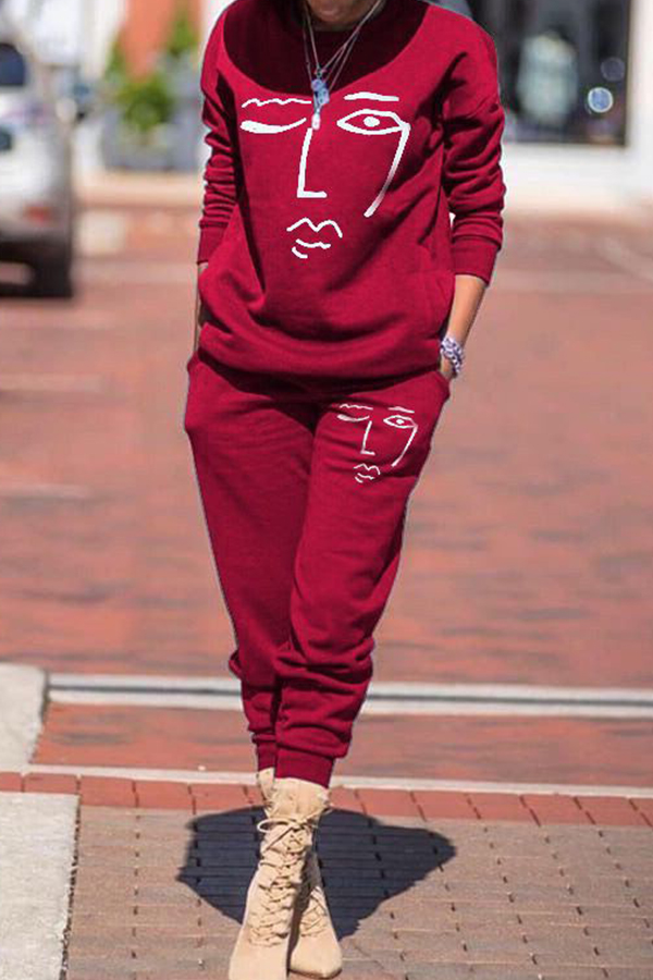 

Lovely Trendy Print Wine Red Two-piece Pants Set