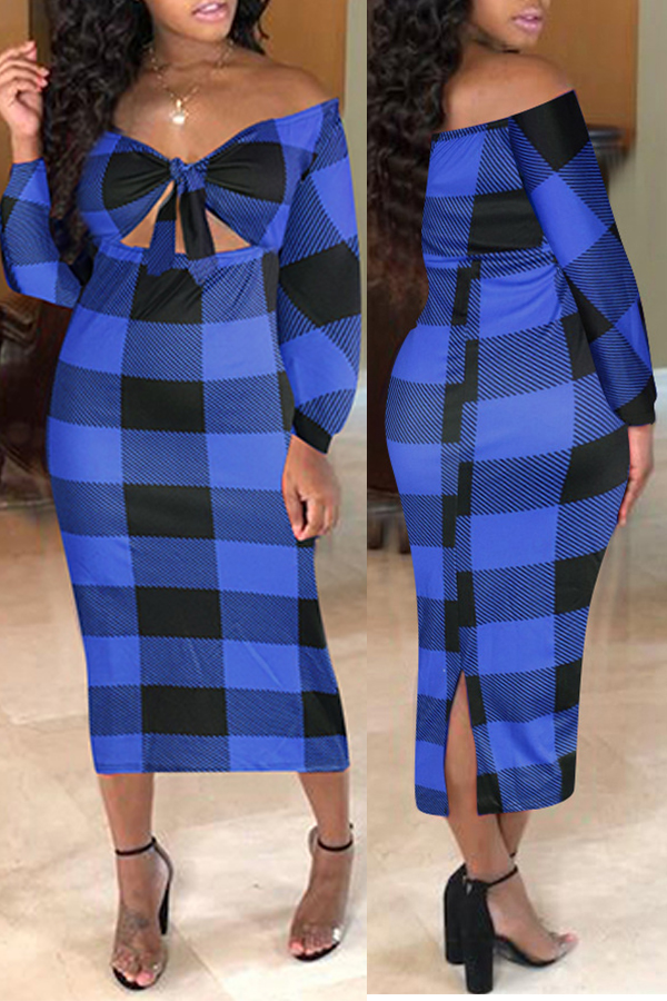 

Lovely Sweet Plaid Print Blue Mid Calf Dress