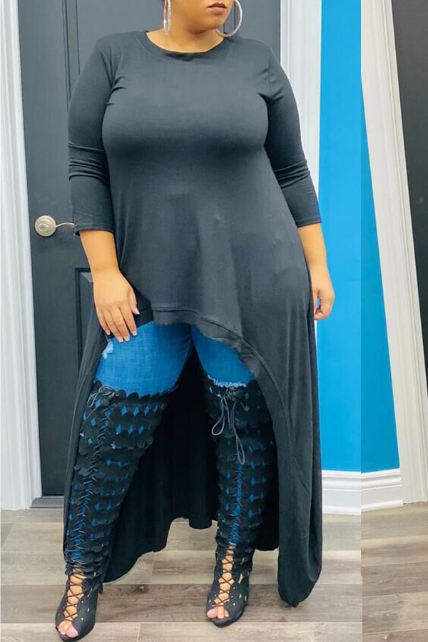 

Lovely Casual Asymmetrical Black Plus Size Mini Dress